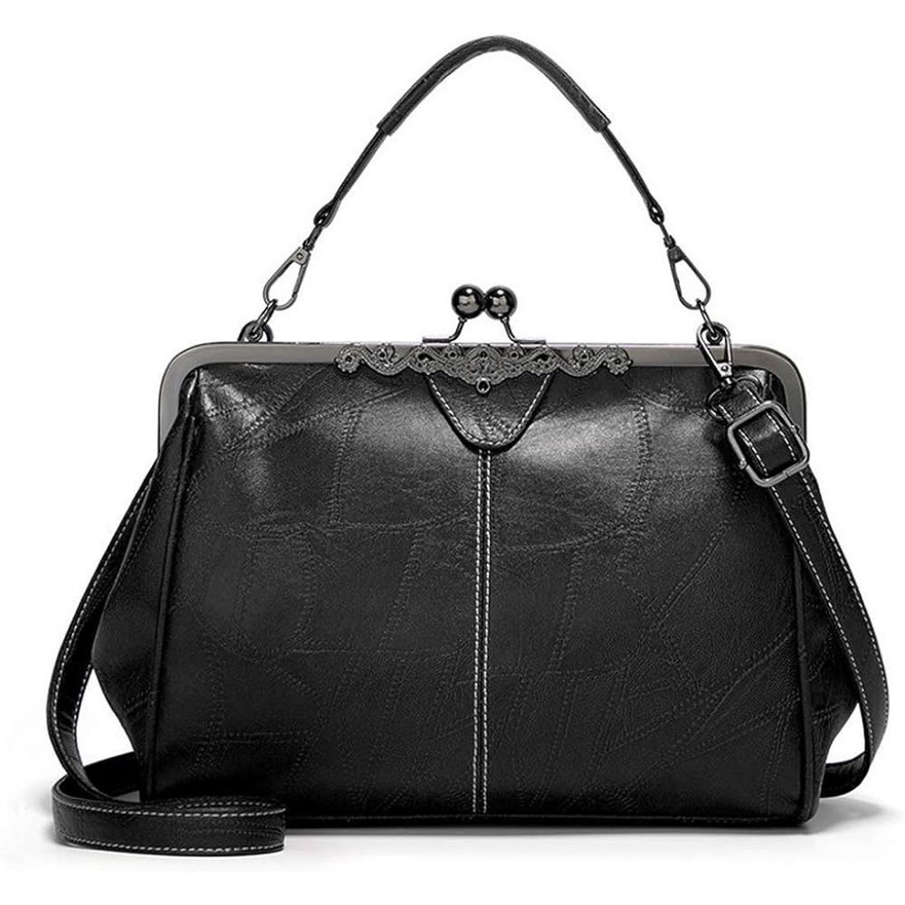 Segater® Women  PU Leather Black Retro Hollow Oil Wax Kiss Lock Crossbody Purse